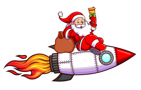 The happy santa claus is riding the turbo rocket and ringing the christmas bell of illustrationのイラスト素材