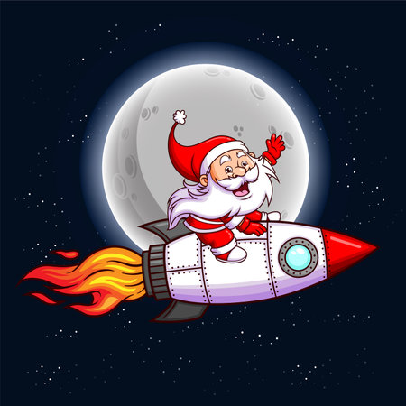 The dwarf santa claus is driving and flying with the turbo rocket in the night of illustrationのイラスト素材