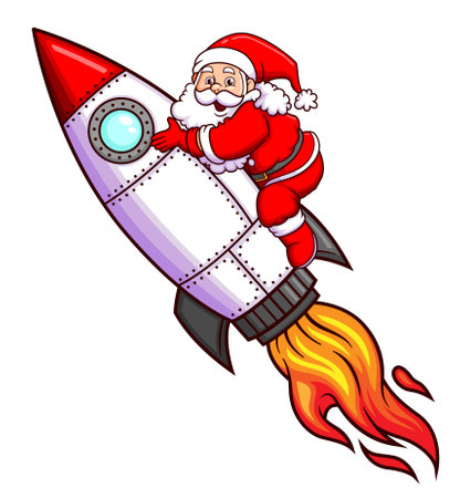 The happy santa claus is flying with the big turbo rocket in the sky of illustrationのイラスト素材