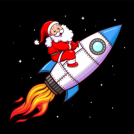 The happy santa claus is flying and rounding the space with the turbo rocket of illustrationのイラスト素材