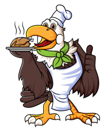a strong eagle cartoon character who works as a chef and wears a hat is posing for a thumbs up and brings grilled chicken food on a plate of illustrationのイラスト素材