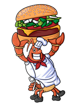 the mascot character of a lobster works as a professional chef posing with a big and delicious hamburger of illustrationのイラスト素材