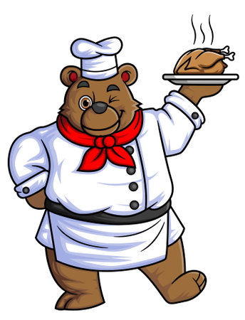 big bear cartoon character wearing chef clothes and cook hat carrying big fried chicken of illustrationのイラスト素材