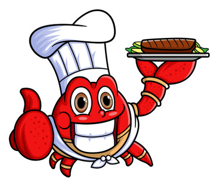 the mascot character of a cute crab works as a professional chef carrying food of illustrationのイラスト素材
