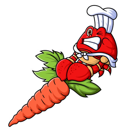 the mascot character of a cute crab works as a professional chef pulling a big carrot of illustrationのイラスト素材
