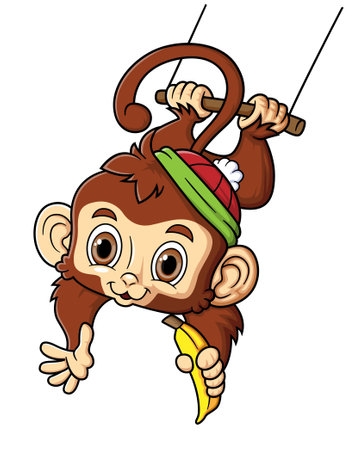 cute monkey swinging and holding banana of illustrationのイラスト素材
