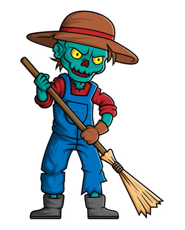 Spooky zombie gardener cartoon character on white background of illustrationのイラスト素材