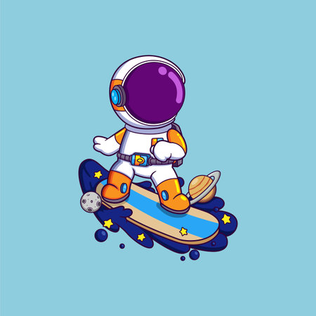 astronauts surf on a surfboard in space with planets and ocean waves of illustrationのイラスト素材