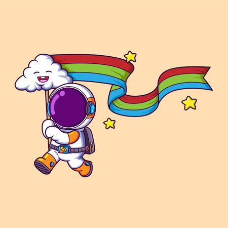 astronaut cartoon character playing cloud and rainbow of illustrationのイラスト素材