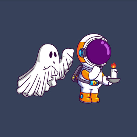 Cute Astronaut holding candle searching ghost Cartoon character of illustrationのイラスト素材