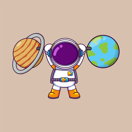 Cute Astronaut Lifting planet And Earth Barbell Cartoon character of illustrationのイラスト素材