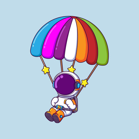 astronaut cartoon character skydiving and parachuting in the sky of illustrationのイラスト素材