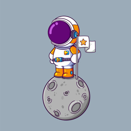 Cute Astronaut Holding Flag On Moon Cartoon character of illustrationのイラスト素材
