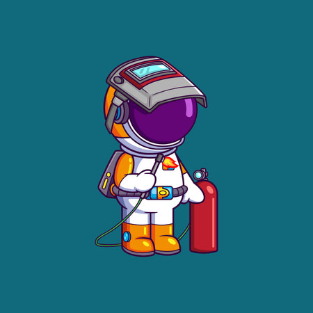 Cute Astronaut a shield on his head holding a welding machine. Science Technology Icon Concept of illustrationのイラスト素材