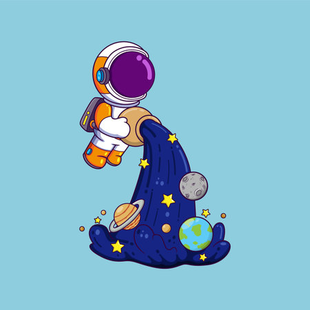 Cute Astronaut Pouring Space From jar Cartoon character of illustrationのイラスト素材