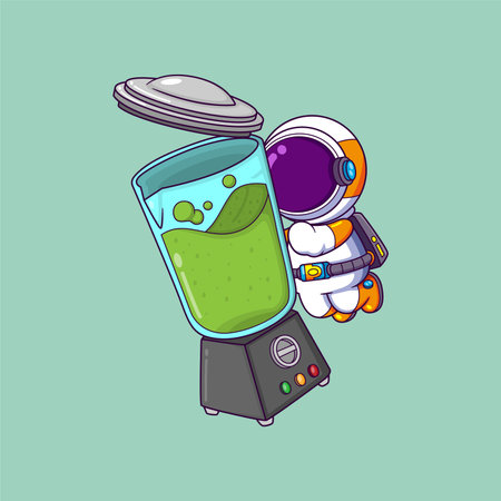 astronaut make fresh fruit juice in blender cartoon character of illustrationのイラスト素材