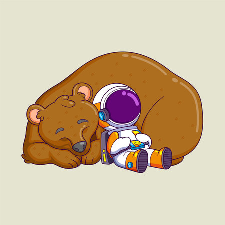 cute astronaut sleeping with very big bear animal of illustrationのイラスト素材