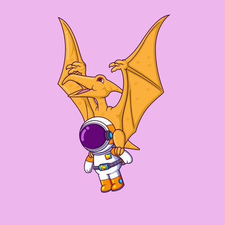 Pterodactyl flying high in sky with cute astronaut cartoon character of illustrationのイラスト素材