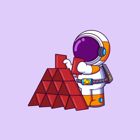 Cute astronaut playing house of cards pyramid tower cartoon character of illustrationのイラスト素材