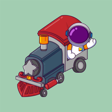 Cute astronaut riding a real size toy train cartoon character of illustrationのイラスト素材
