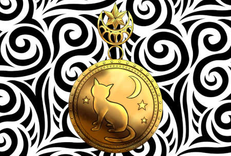 Beautiful cat medallion with moon. Vintage objects with pets, retro greeting card illustration stock ideas,の写真素材