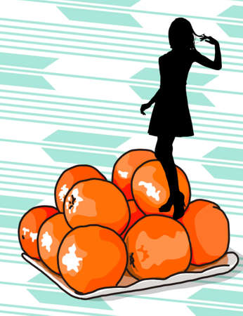 Girl with orange fruits. Summer party or relax background green illustration stockの写真素材
