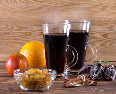 Mulled wine with orange,spices. Shallow dofの写真素材