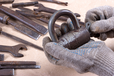 Wrenchs,various vintage tools on wooden backgroundの写真素材