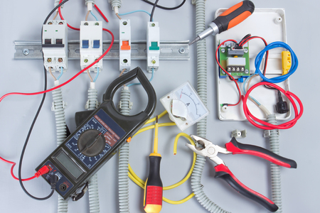 Fuse box with automatic fuses during installation.Electricity distribution boxの写真素材