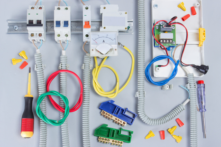 Fuse box with automatic fuses during installation.Electricity distribution boxの写真素材