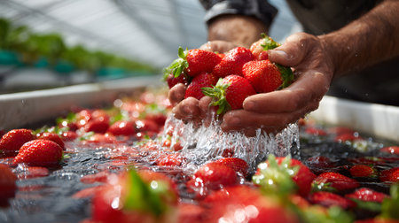 Closeup of a farmer's hands holding fresh strawberries in a greenhouseの写真素材