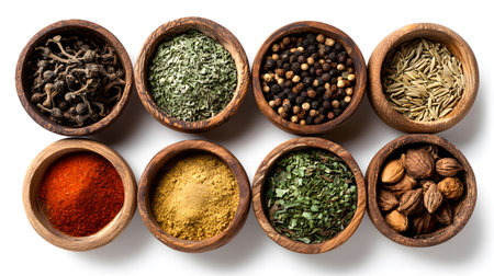 Spices and herbs in wooden bowls isolated on white background. Top view.の写真素材