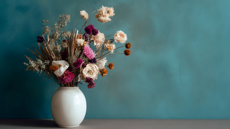 Still life with dried flowers in vase on blue wall background.の写真素材