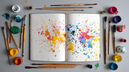 Paint brushes and opened notebook with colorful paint splashes on grey backgroundの写真素材