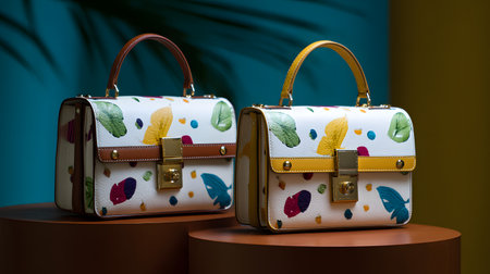 Women's leather handbags on a stand against a blue background.の写真素材