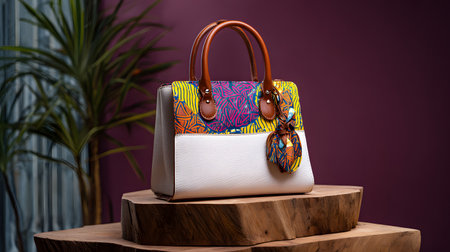 Luxury handbag on wooden podium with plant on background.の写真素材