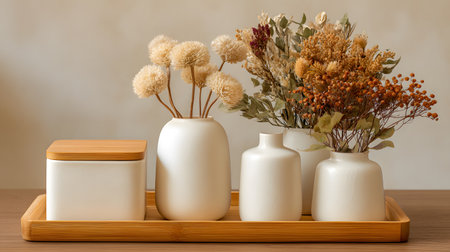 Three white vases with dried flowers on a wooden tray on a tableの写真素材