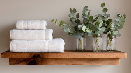 White towels and eucalyptus branches on a shelf in the bathroomの写真素材