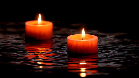 Burning candles on a black background with water drops and ripplesの写真素材