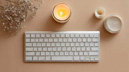 Flat lay of computer keyboard, candle and cotton flowers on color backgroundの写真素材