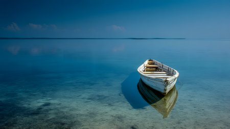 Boat on the shore of the lake in the early morning.の写真素材