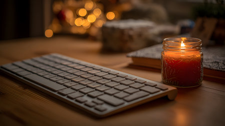 Computer keyboard and candle on wooden table in front of christmas tree