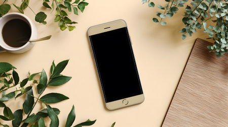 Smartphone with blank screen and eucalyptus branches on color backgroundの写真素材