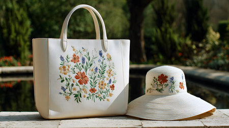 Women's handbag and hat on the table in the garden.の写真素材