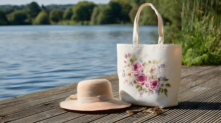 Women's handbag and straw hat on a wooden pier by the lakeの写真素材