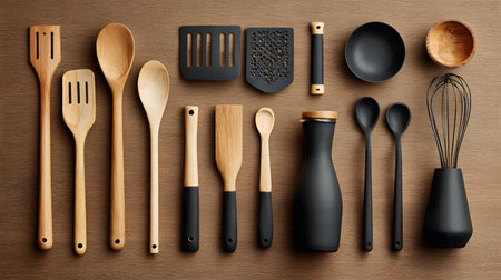 Kitchen utensils on wooden background. Top view, flat layの写真素材
