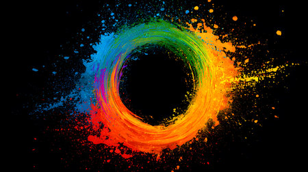 Colorful paint splashes isolated on black background. Abstract background.の写真素材