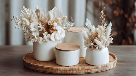 Wedding decoration on the table in rustic style with copy spaceの写真素材