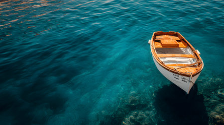Boat in the sea on a background of blue clear water.の写真素材