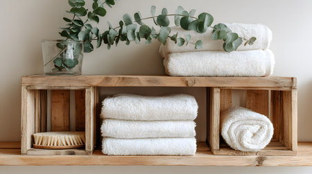 White towels on wooden shelf in bathroom interior with eucalyptus branchの写真素材
